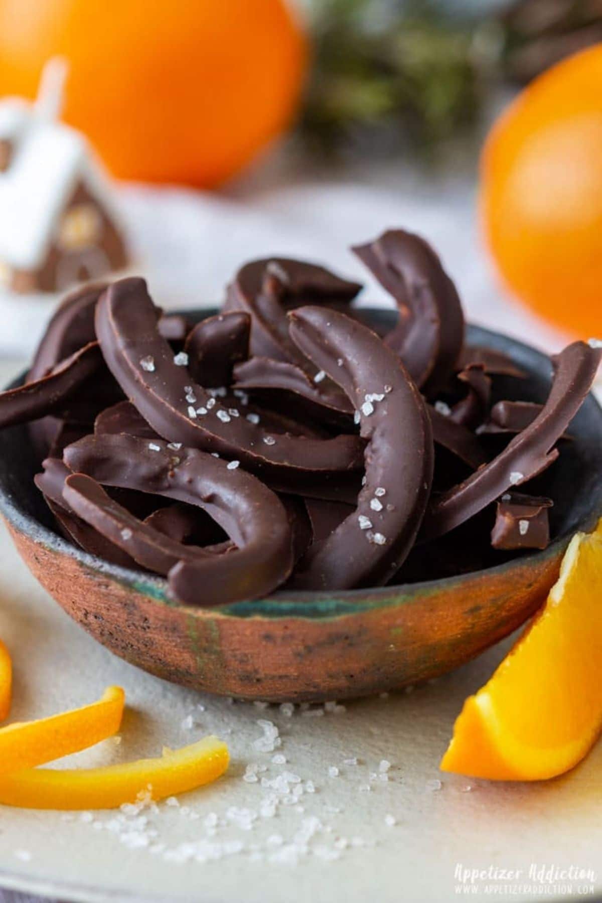 Chocolate orange peels in bowl