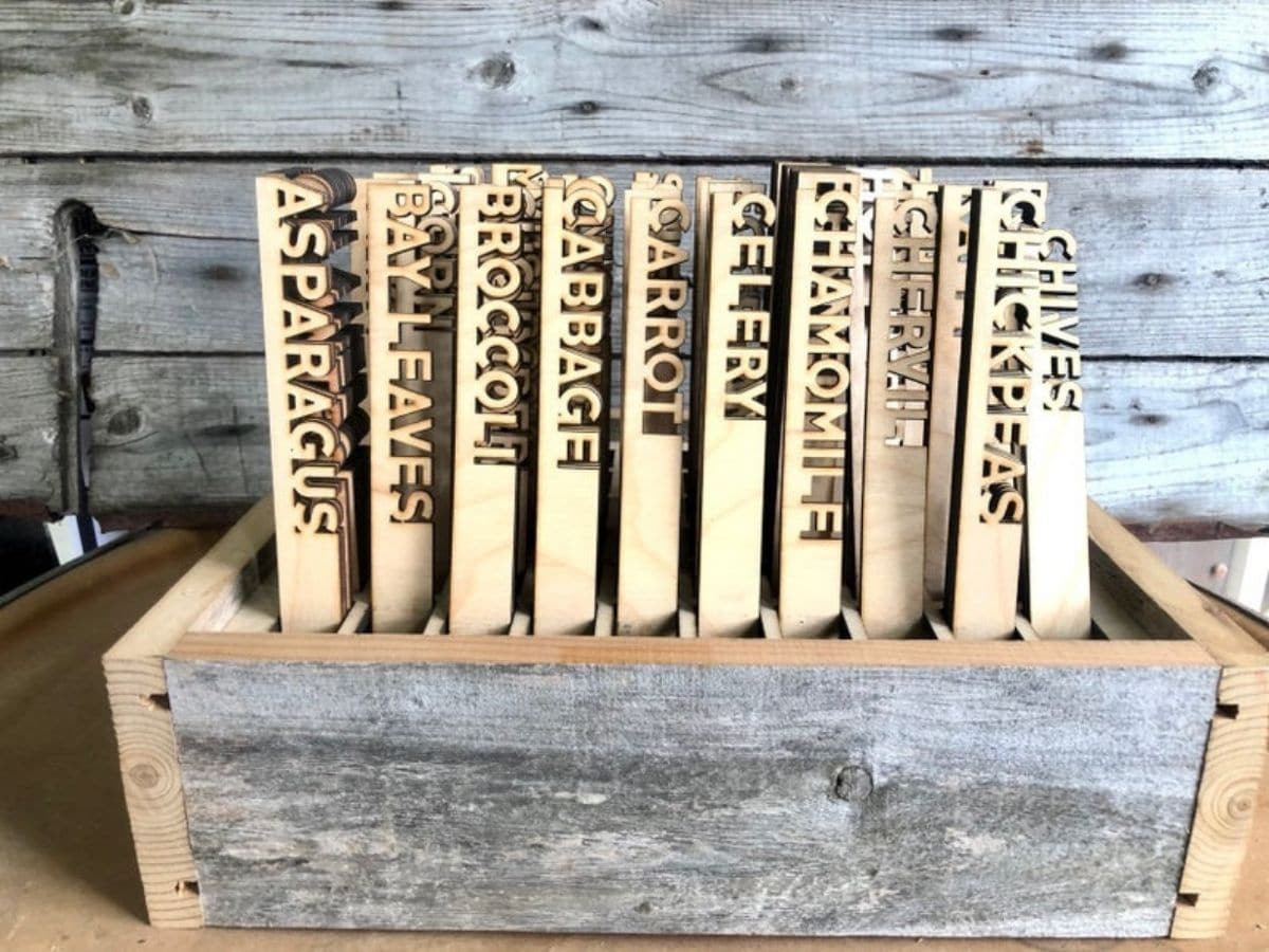 Glowforge printed garden markers in wooden box