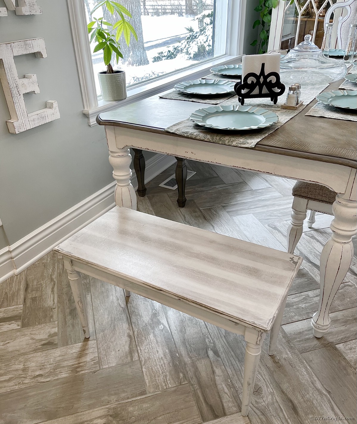 Distressed dining table and bench