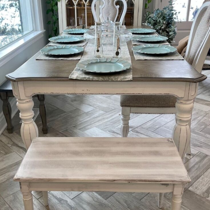 Distressed dining table and bench