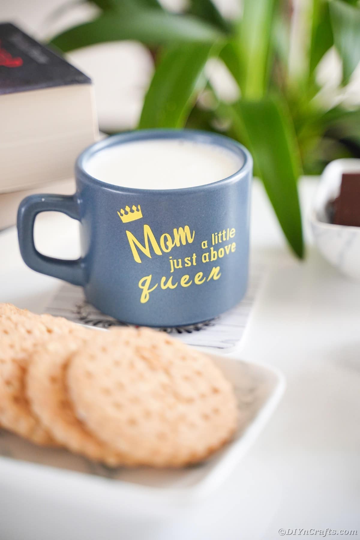 Blue mom is a level above queen mug on table