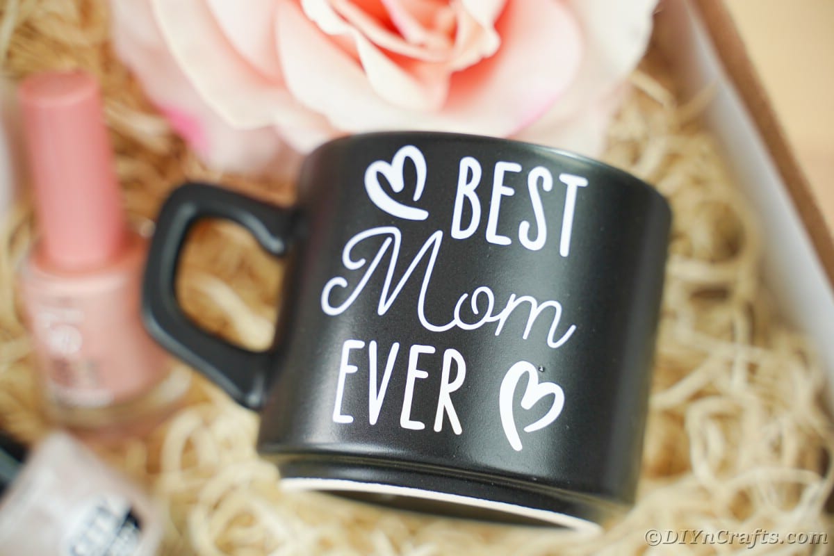 Close up of black mug that says best mom ever