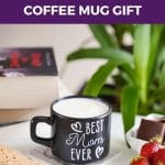 Best mom ever mug on table with purple banner frame on image
