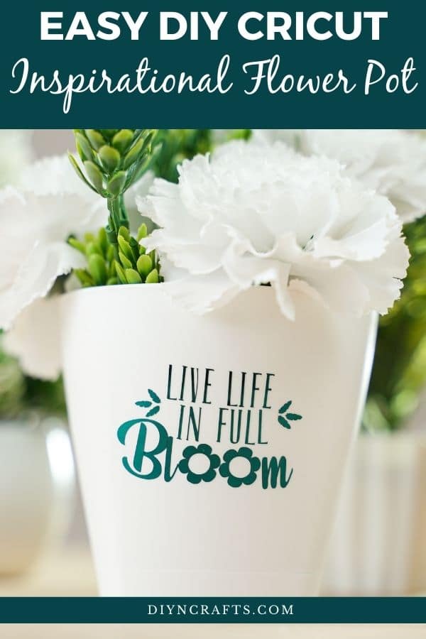 White flower pot on counter with teal message