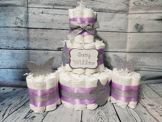 3 Tier Diaper Cake and mini 3 piece set Butterfly Kisses and | Etsy