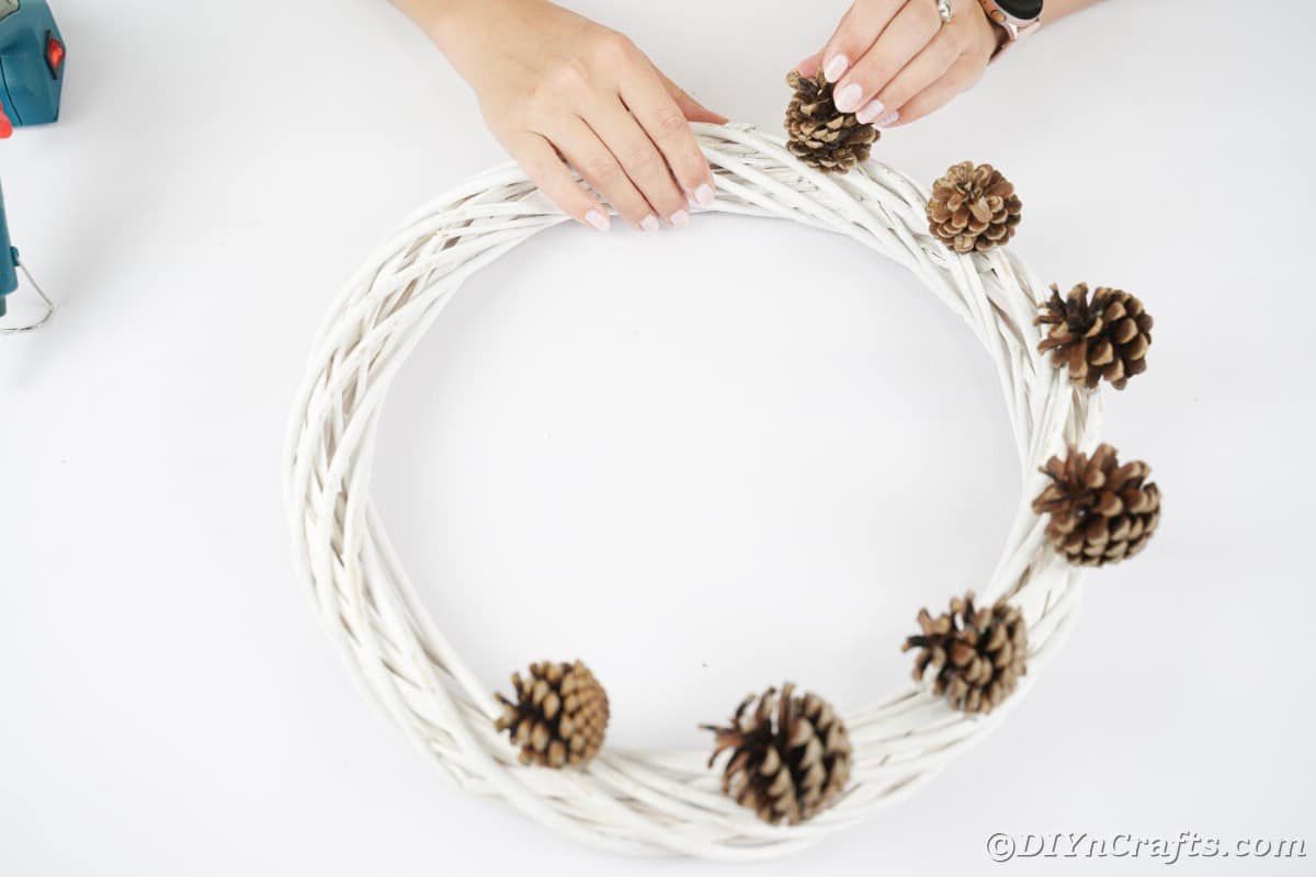 Pinecones being glued on one side of a wreath