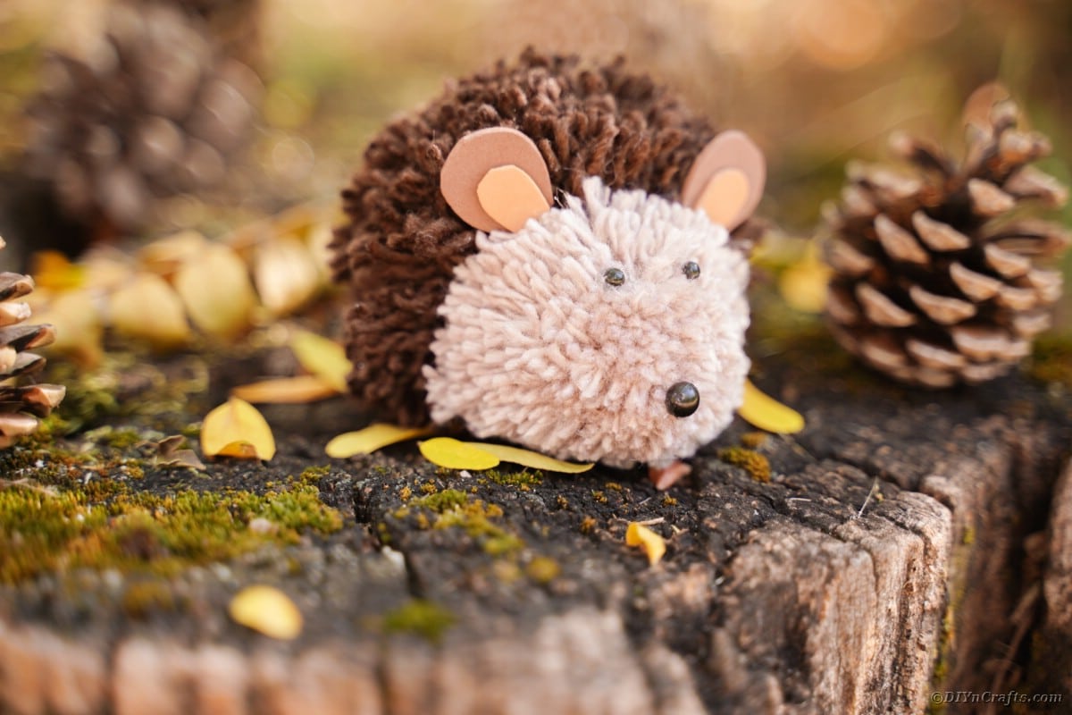 Yarn pom pom hedgehog on top of moss covered stump