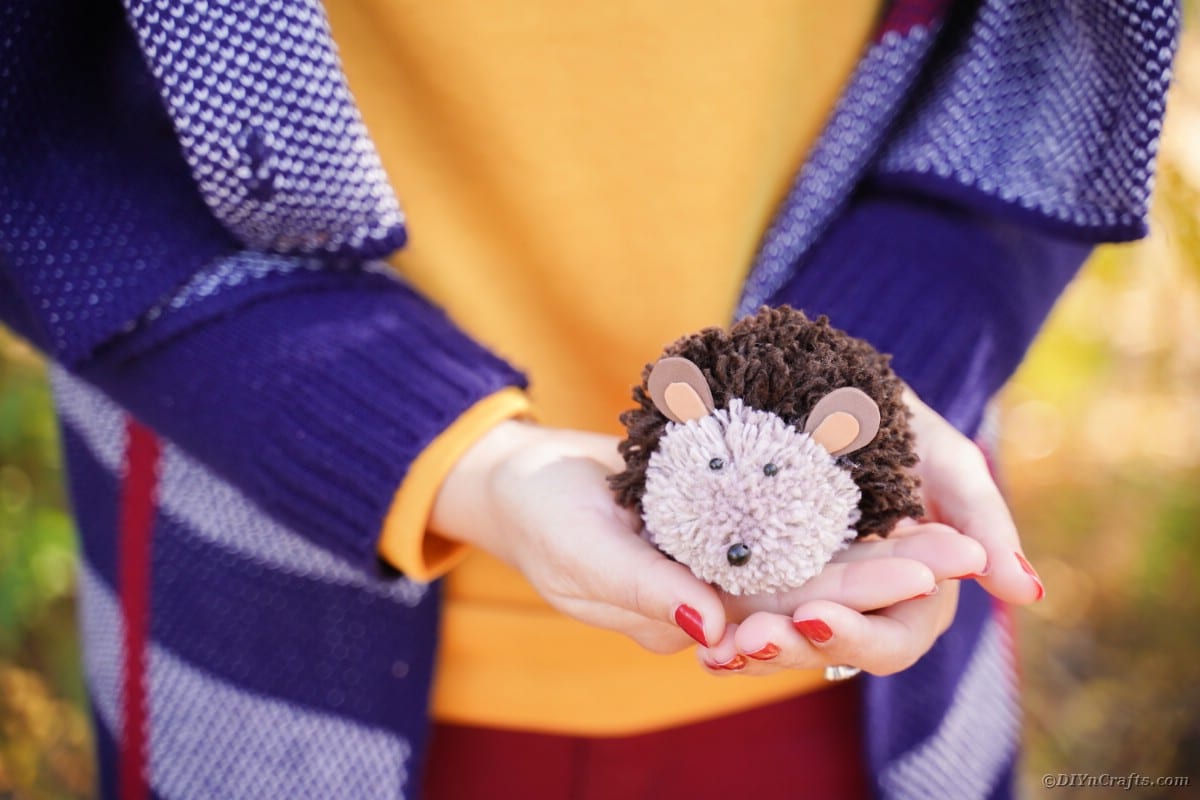 Woman in blue jacket holding pom pom hedgehog in hands
