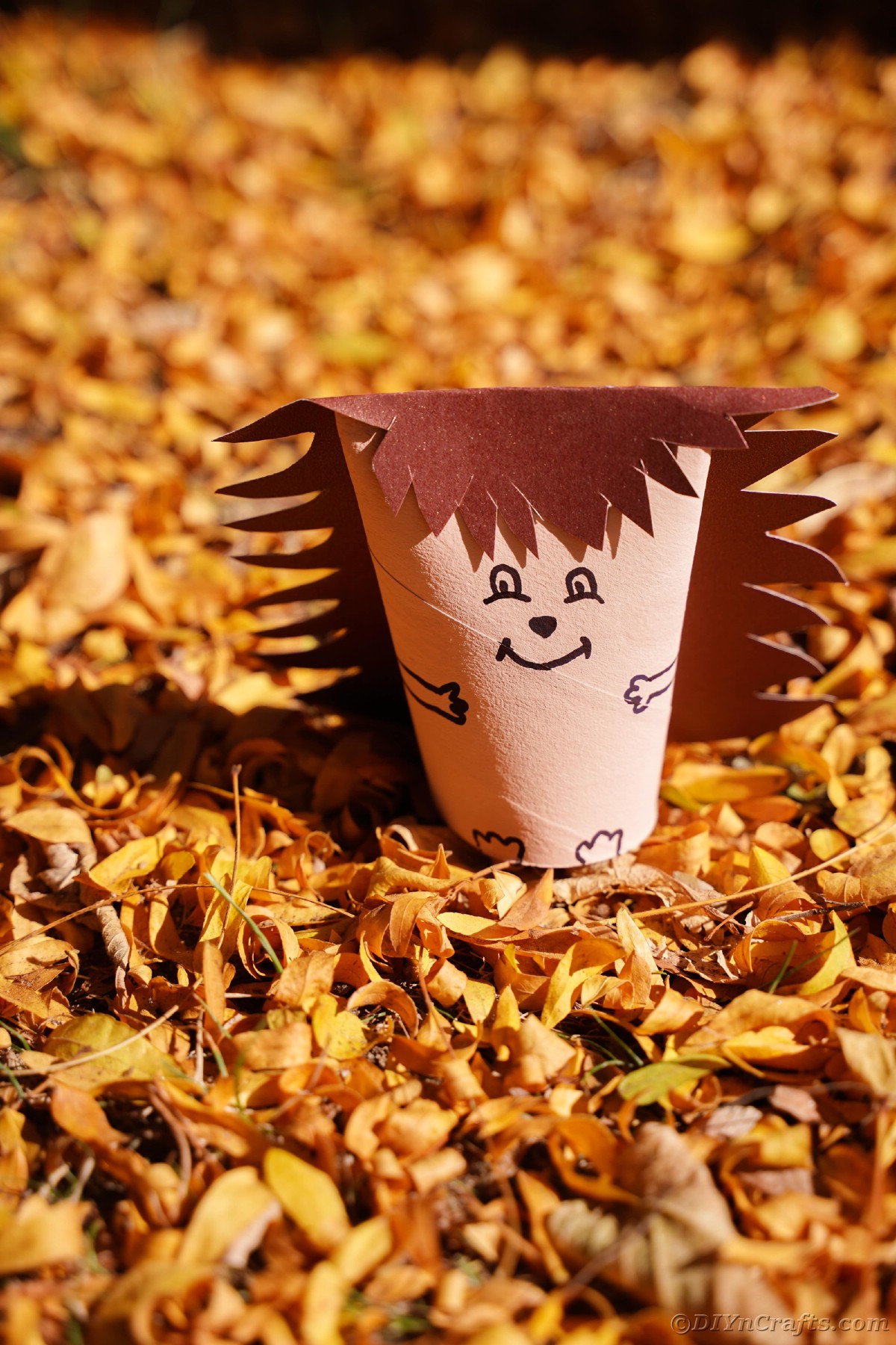 Fallen yellow leaves with paper hedgehog in middle