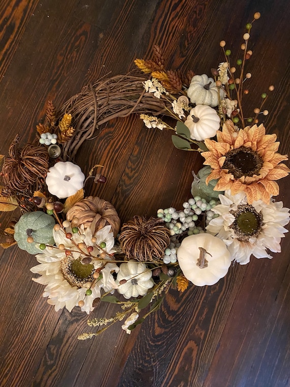 Fall Wreath w/ Sunflowers Pumpkins and Hops | Etsy