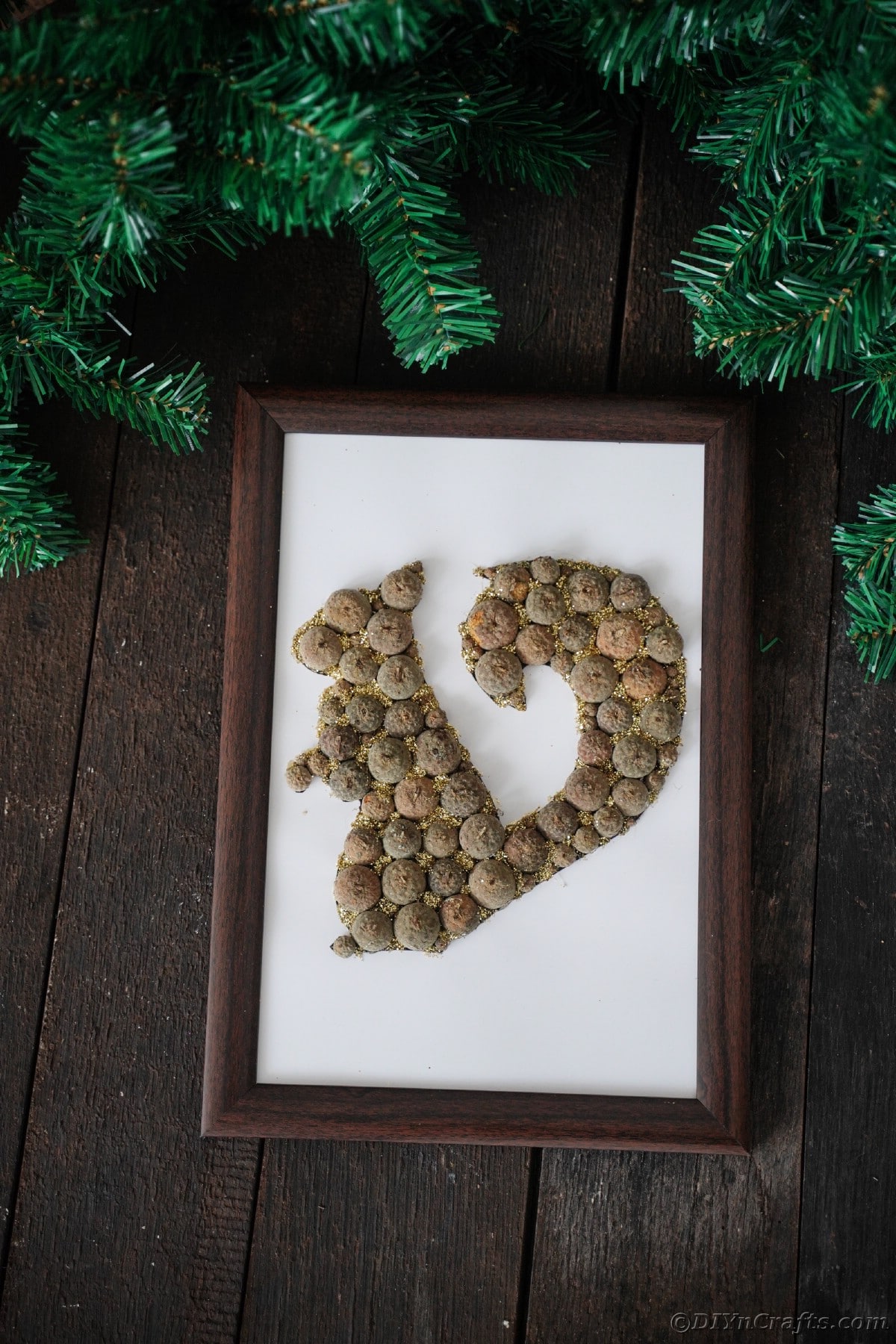 Acorn cap squirrel in frame on wood table with holiday garland