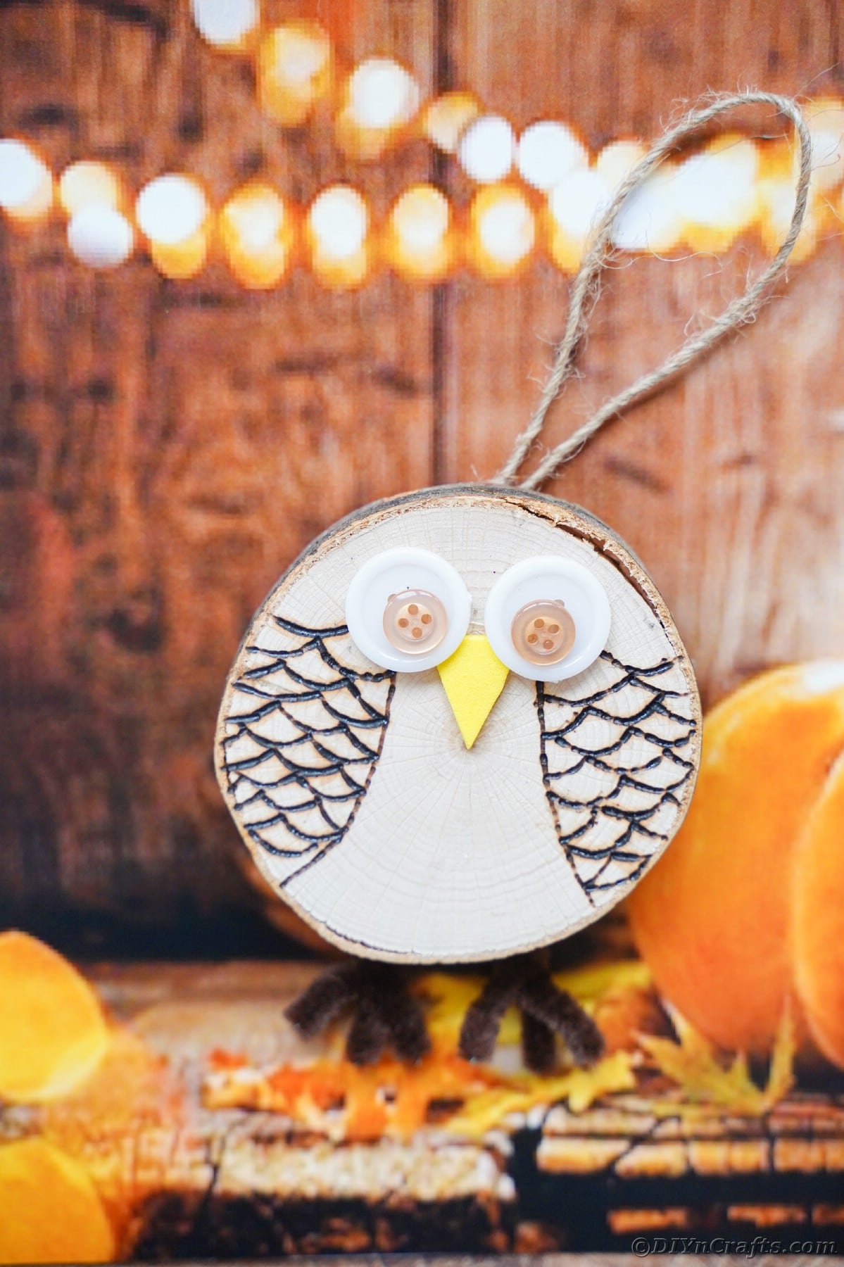 Owl ornament leaned against wood background with fake pumpkin