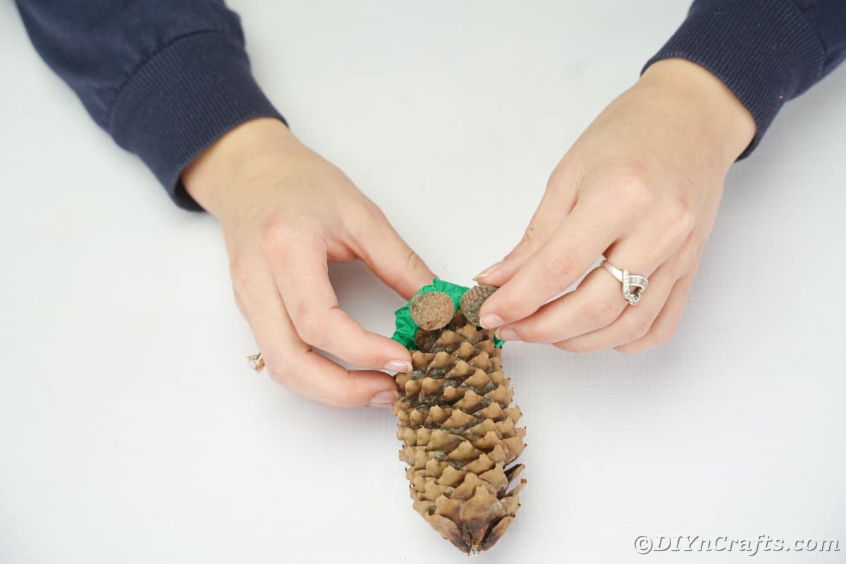 hand gluing acorn cap on bottom of pinecone