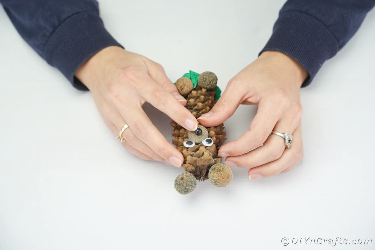 hand holding bead on pinecone bear nose