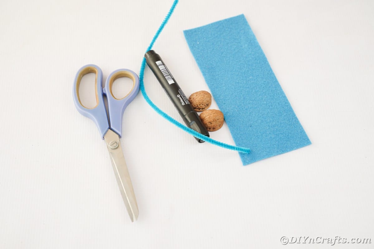 Blue felt, scissors, walnut shells, and marker on white table