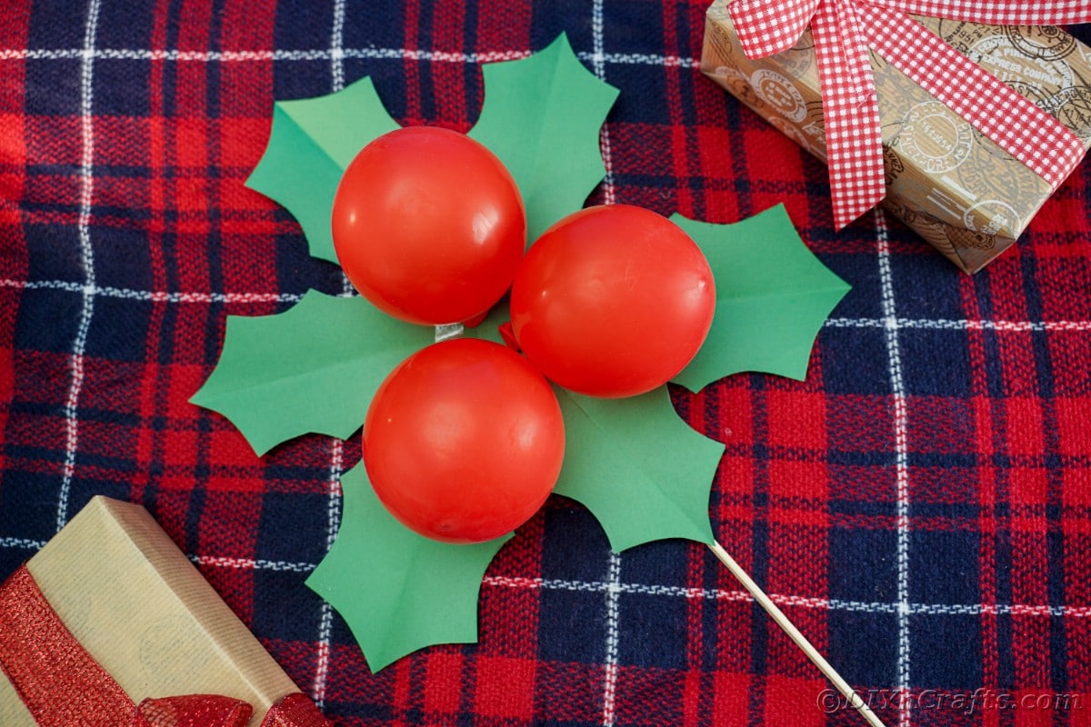 giant holly leaves with berries on plaid fabric