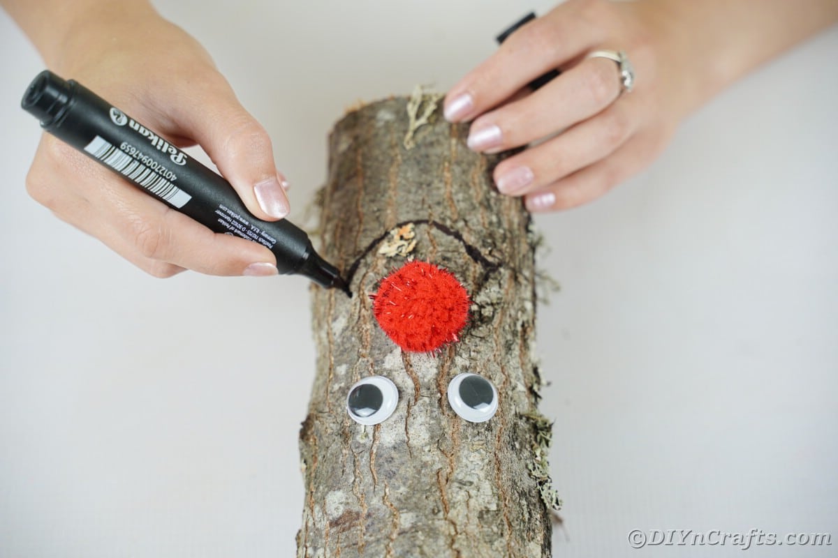 woman using marker to draw smile on log