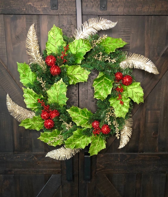 Christmas Holly Wreath for Front Door Holly Leaves and | Etsy