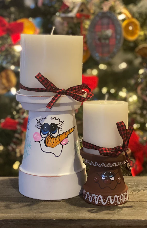 Snowman and Gingerbread Flower Pot Candleholders Hand Painted | Etsy