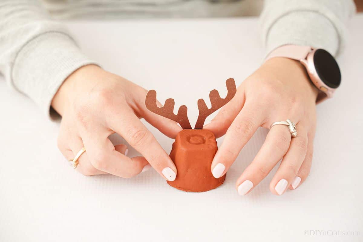 hand holding antlers on back of egg carton reindeer