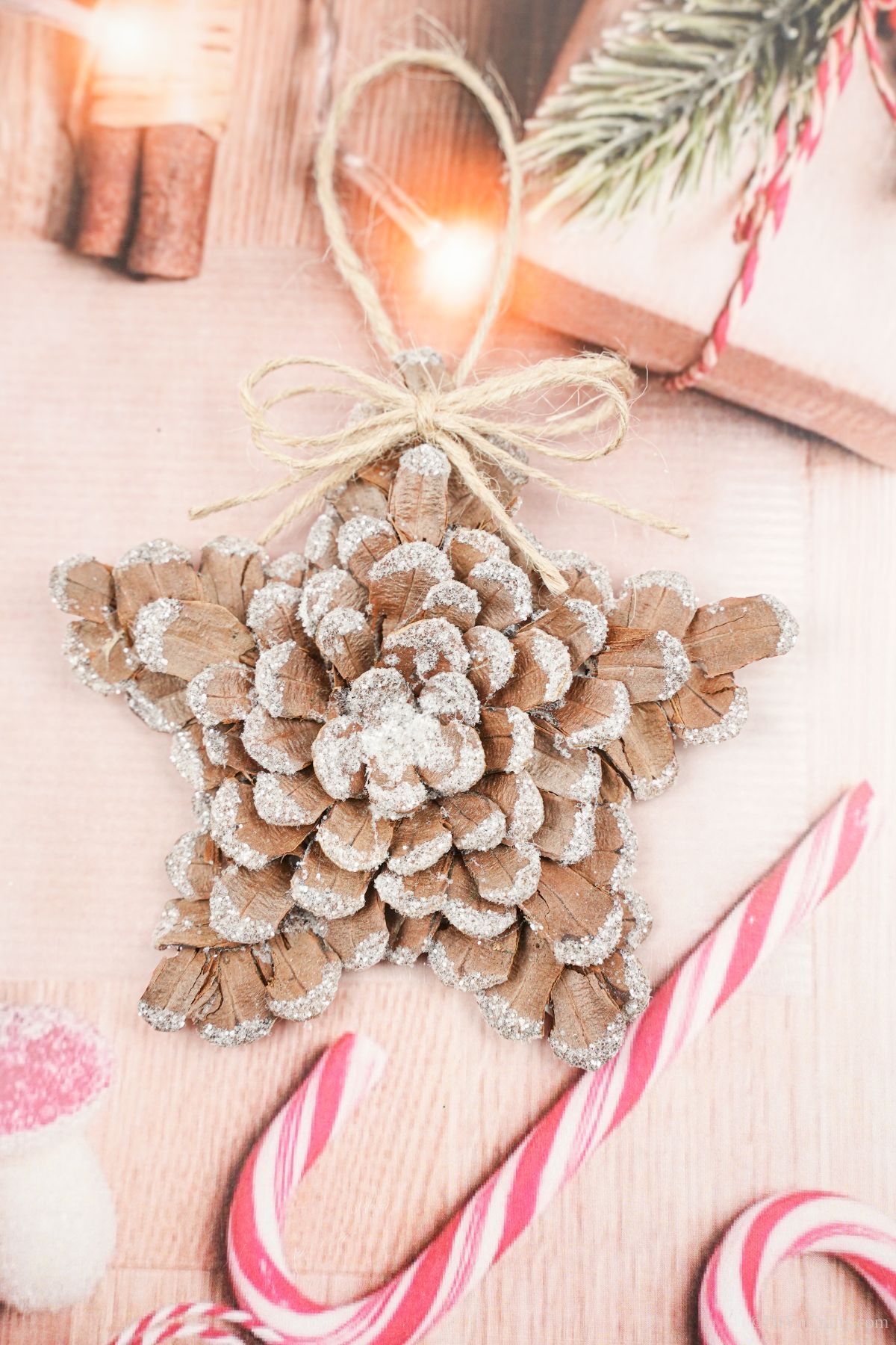 light pink holiday paper with candy cane design with pinecone star on top