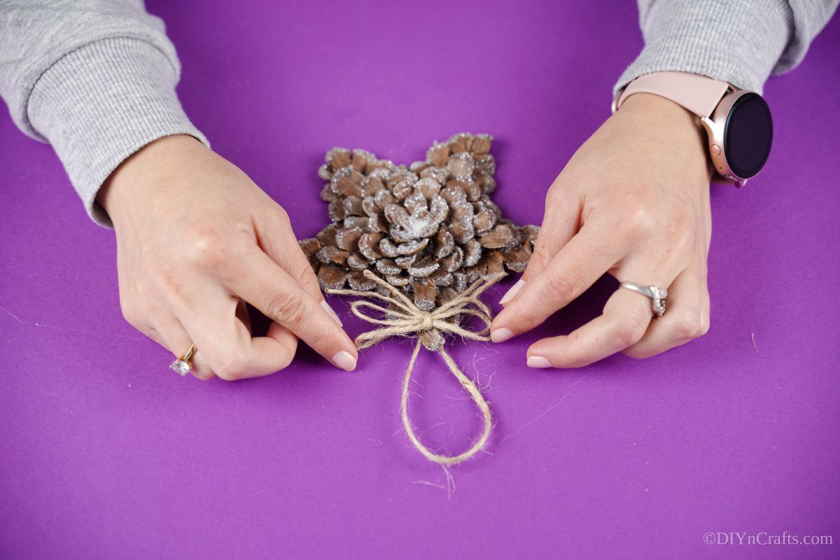 hands putting twine bow on top of pinecone star ornament