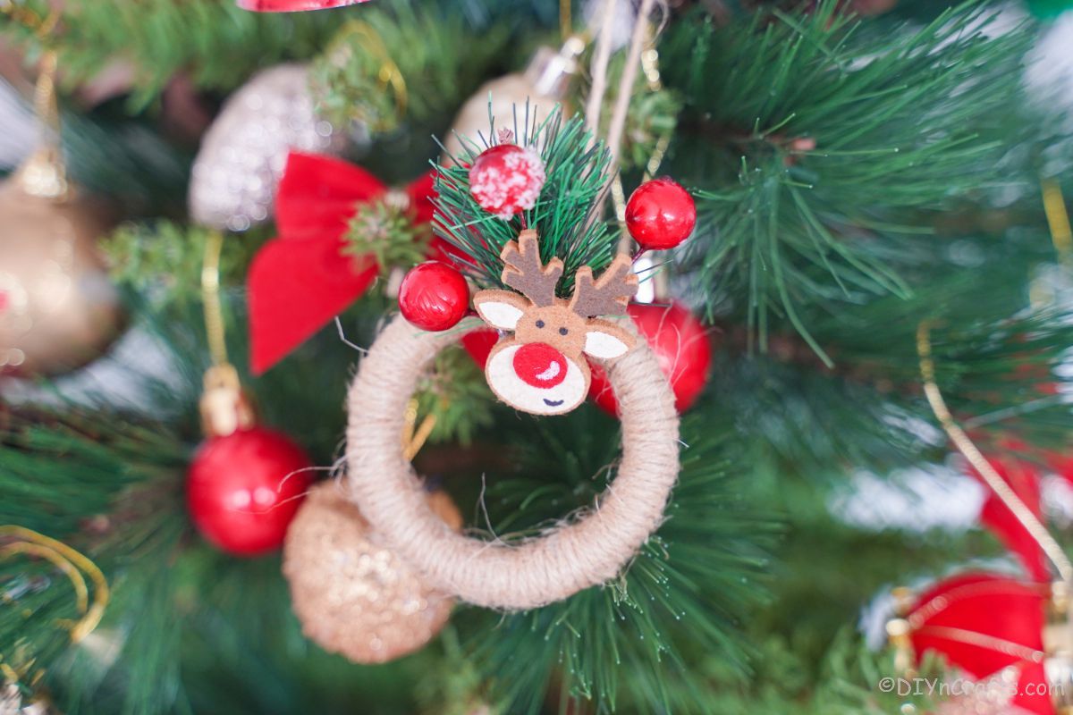 miniature twine wreath ornament on christmas tree