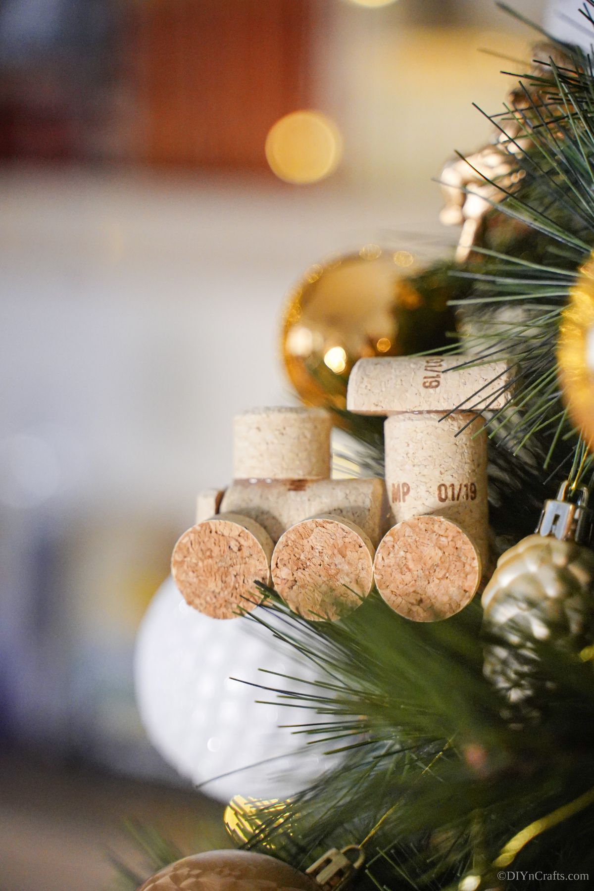 cork train ornament in Christmas tree