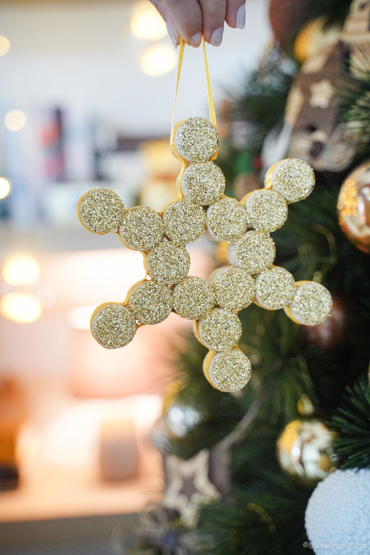 wine cork gold ornament on christmas tree