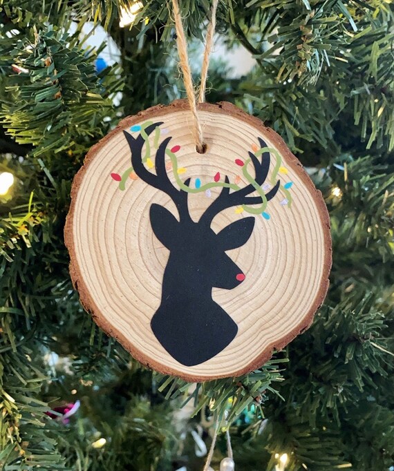 Reindeer Silhouette Wood Slice Ornament | Etsy