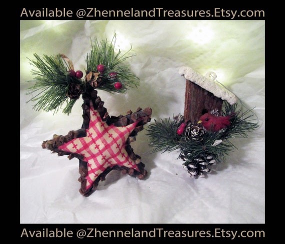 PAiR of Christmas Tree Ornaments: One PiNECONE STAR + One PiNECONE BIRDHOUSE | ViNTAGE Winter Holiday Decorations, Rustic Woodsy Home Decor