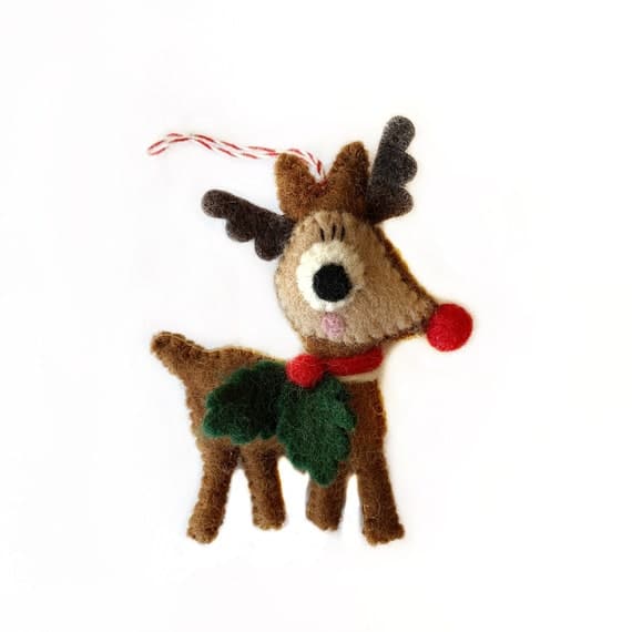 Reindeer With Holly Felt Wool Fair Trade Handmade Christmas | Etsy