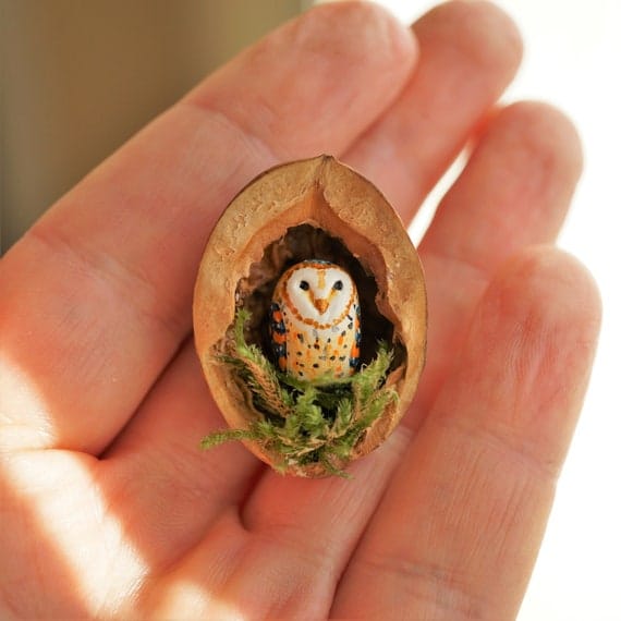 Miniature Owl Heart Shaped Head Barn Owl Owl in the Walnut | Etsy