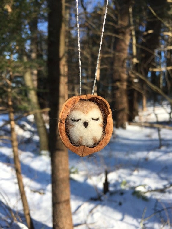 Owl in Walnut Shell Christmas Ornament Alpaca Fiber Needle | Etsy