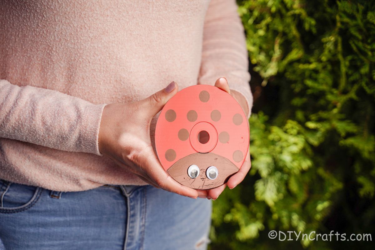 lady holding upcycled painted cd ladybug in hands