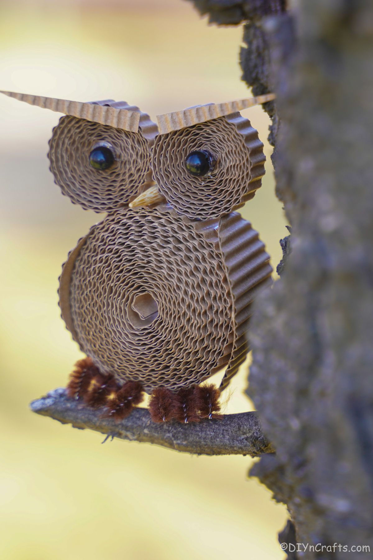 rolled cardboard owl on small branch of tree