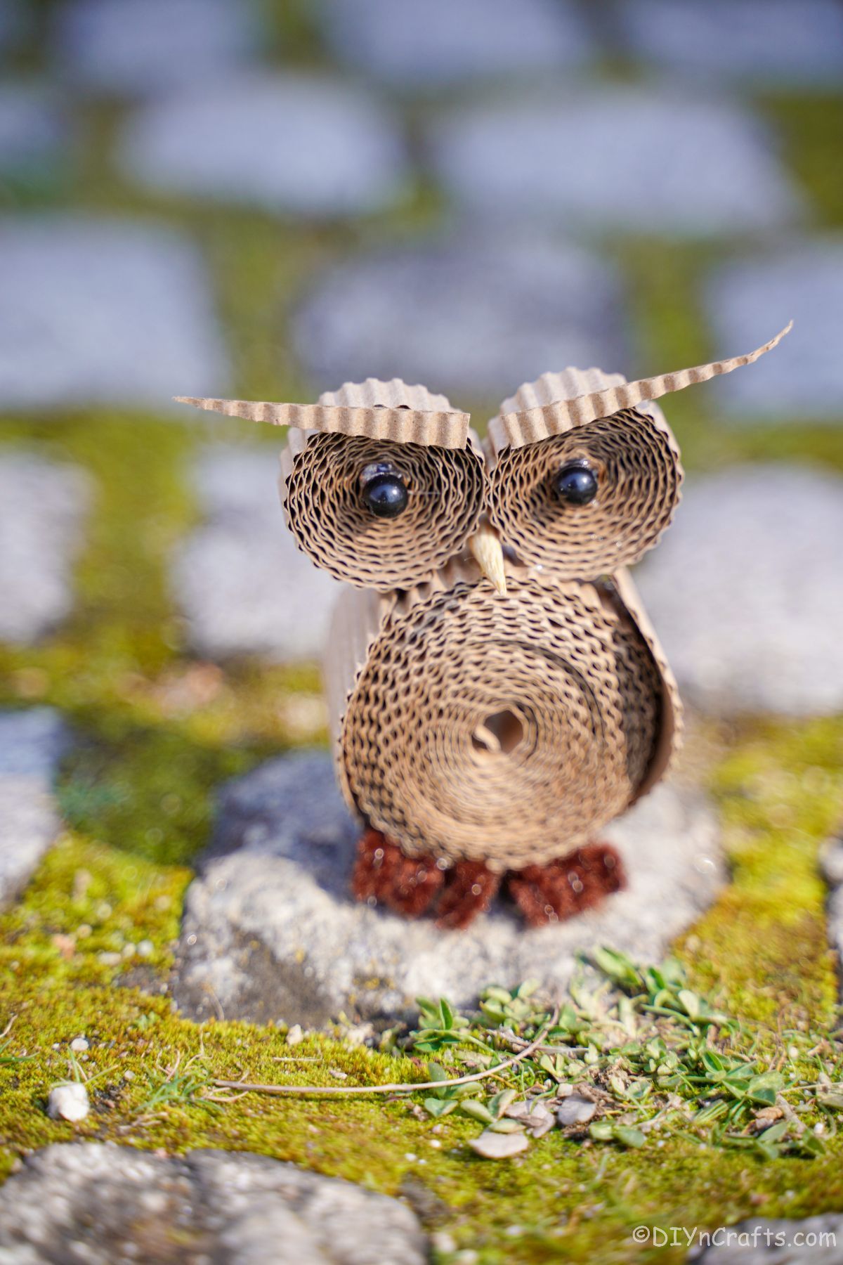 cardboard owl on rocks