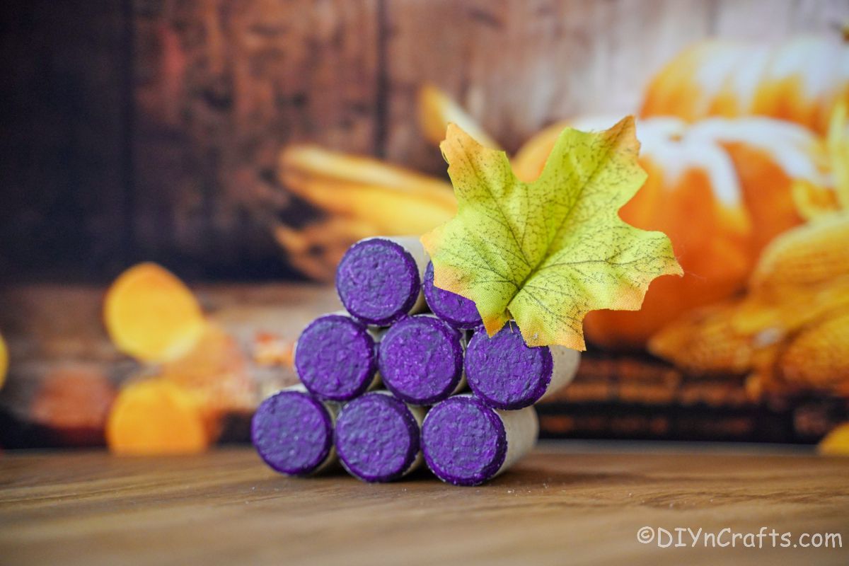 purple wine cork grape cluster with green leaves on table by fake fall leaves
