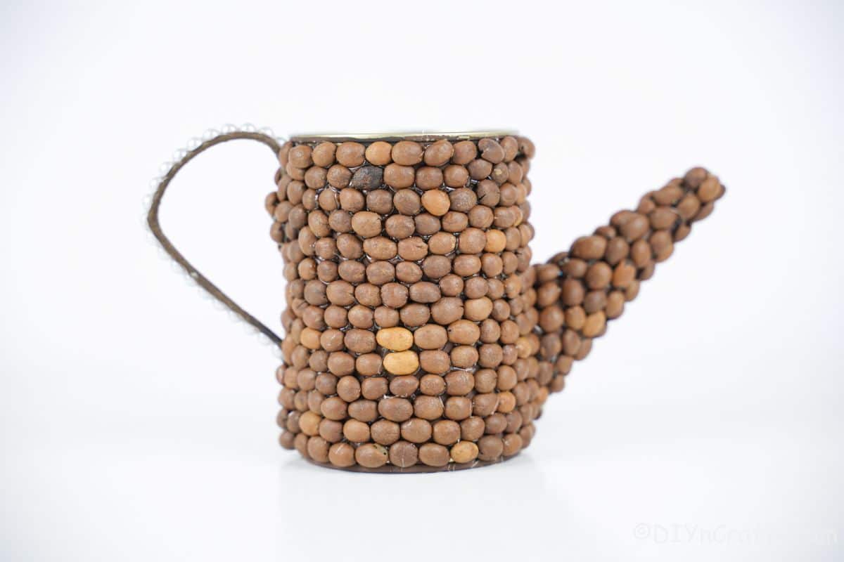 rustic watering can covered in coffee beans on white table
