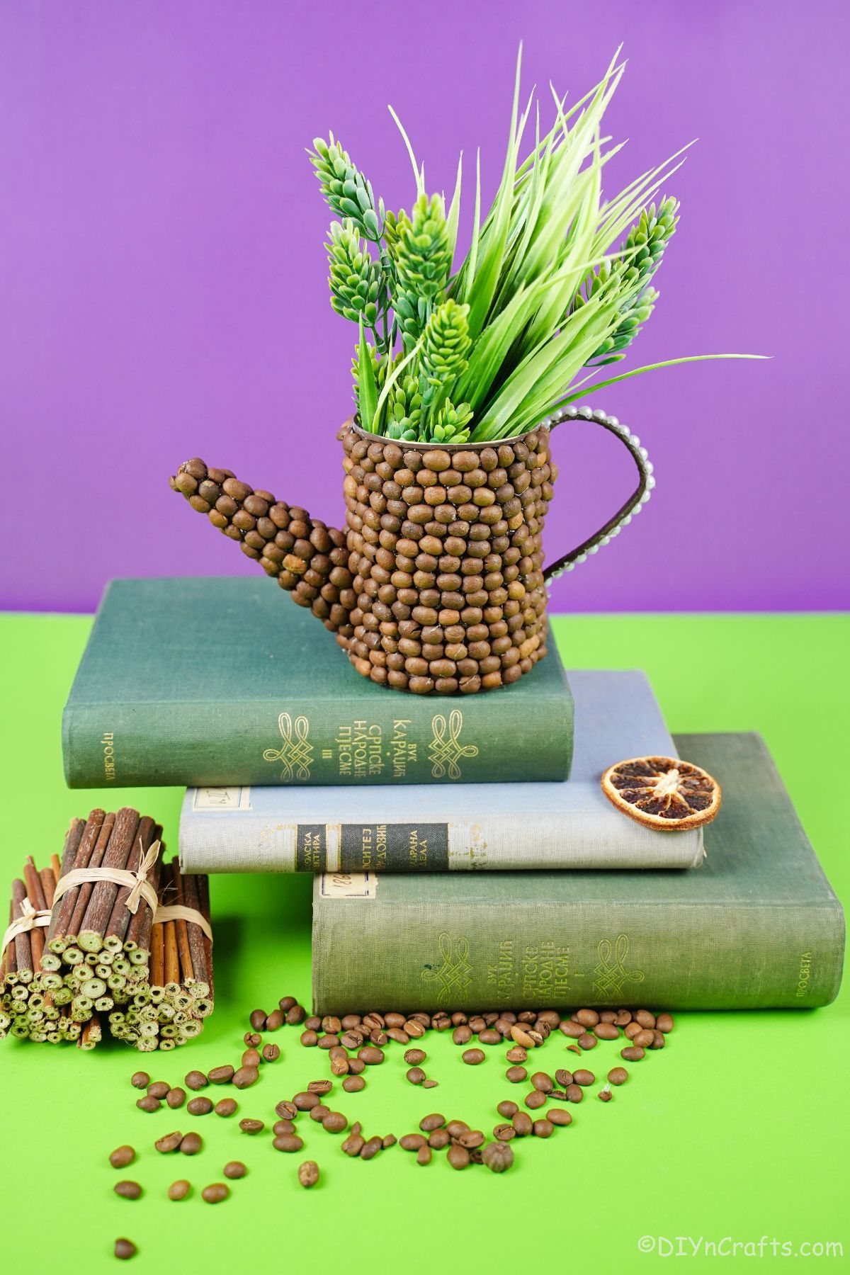 greenery in coffee bean coated watering can on stack of books