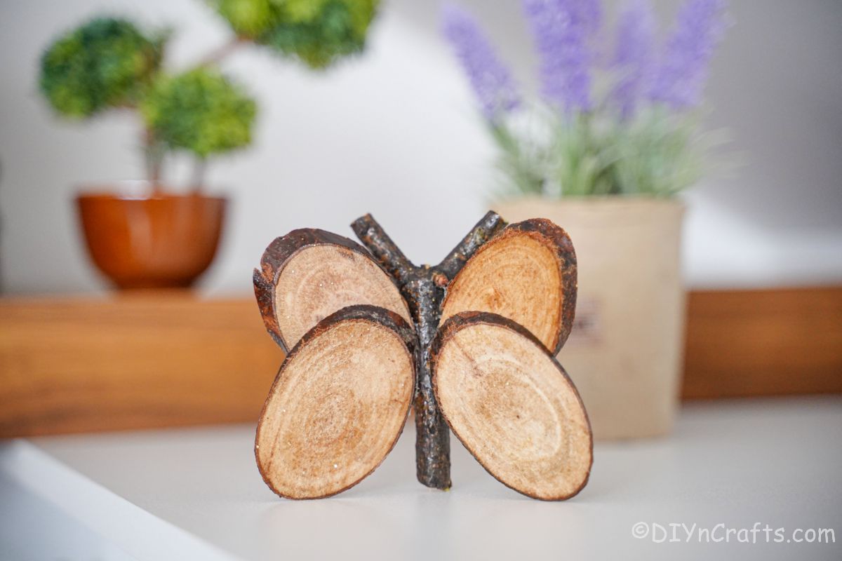 butterfly made of wood slice on table with plants in background