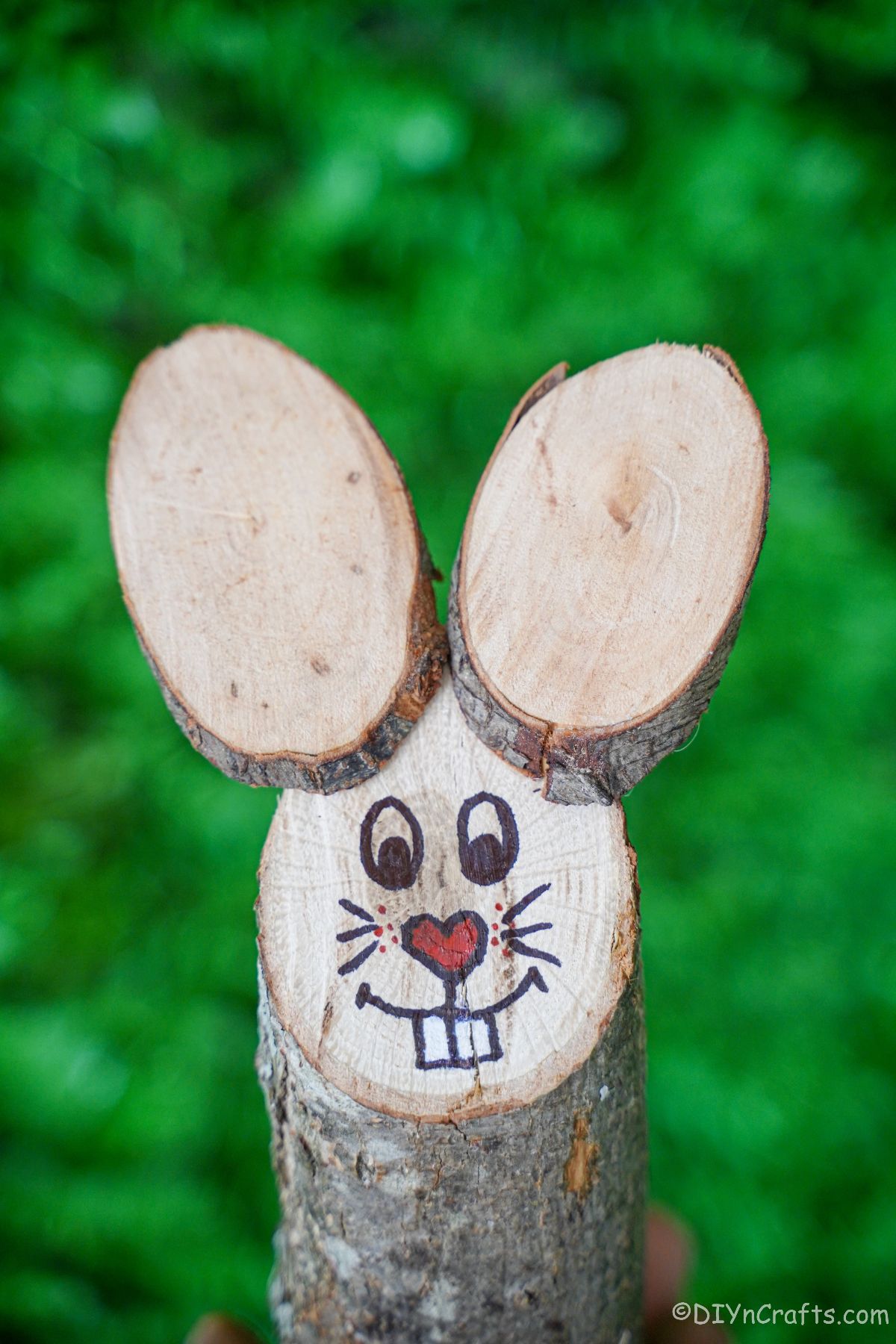 log with wood slice ears and bunny face against grass background