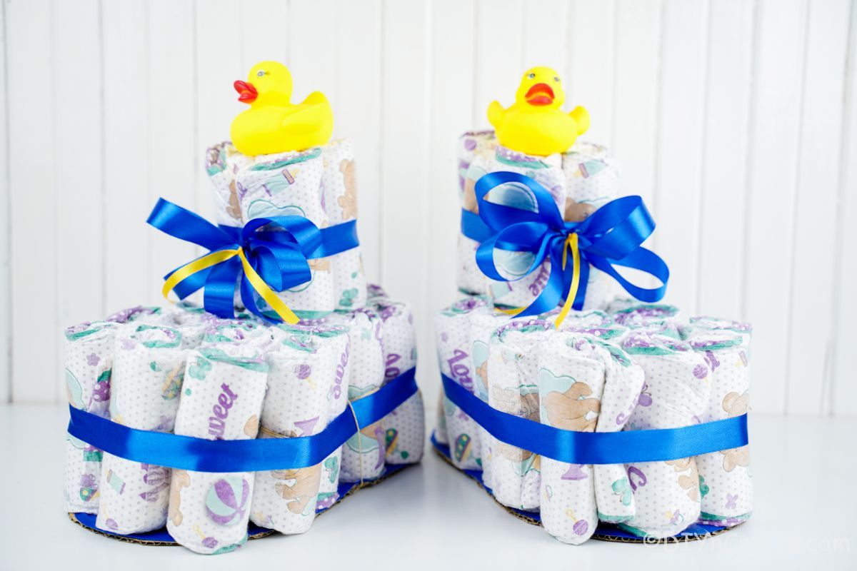 diaper cake shoes with rubber duckie son top