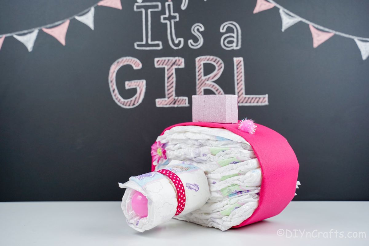it's a girl message on chalkboard behind pink camera diaper cake