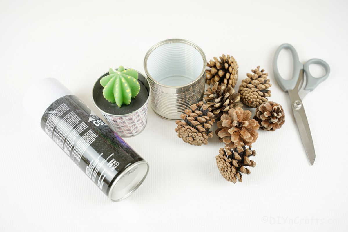 pinecones scissors tin can candle and spray paint on white table
