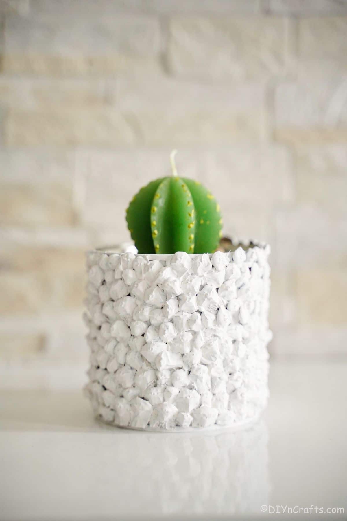 brick wall behind white tin can planter holding green cactus candle