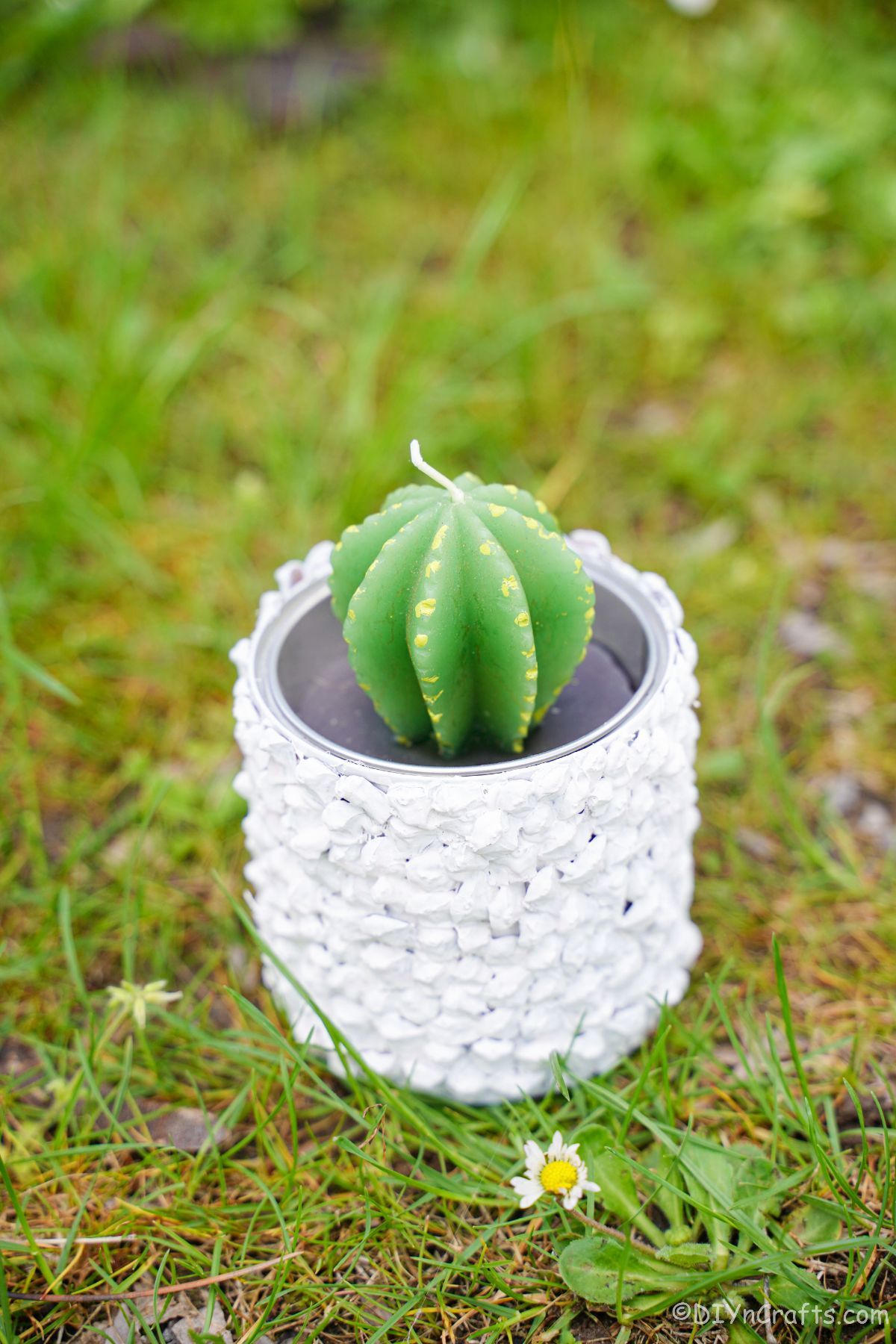 green cactus candle inside tin can planter painted white