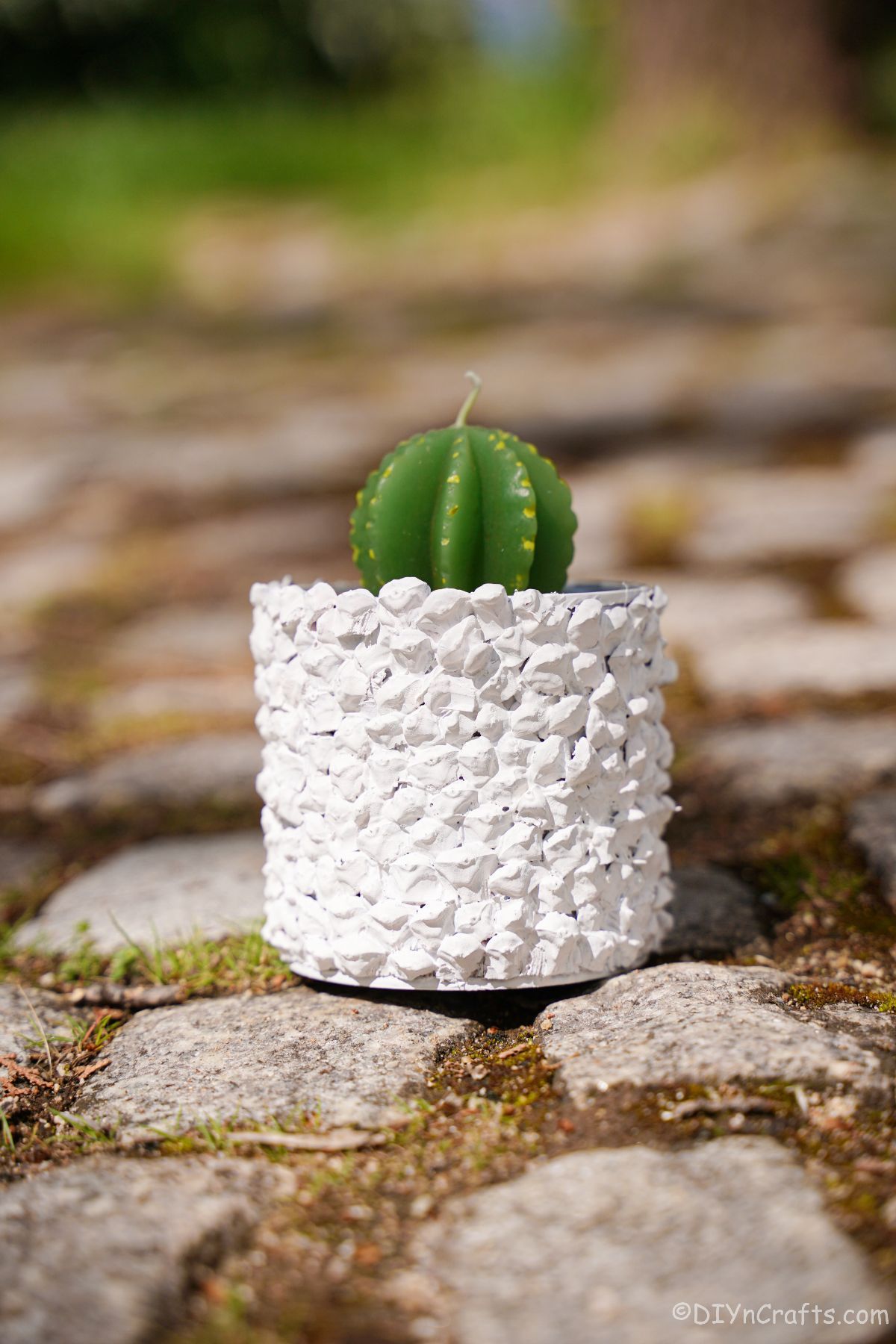 white planter on stone path with green cactus candle on top