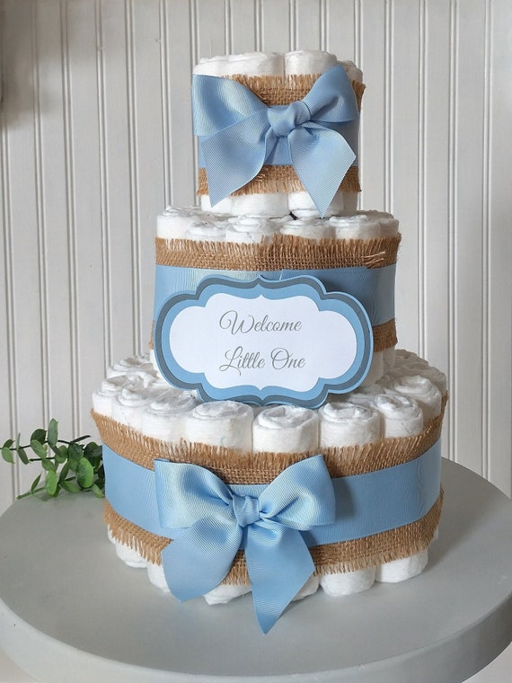 Diaper Cake Blue Ribbon and Burlap Baby Shower Centerpiece | Etsy