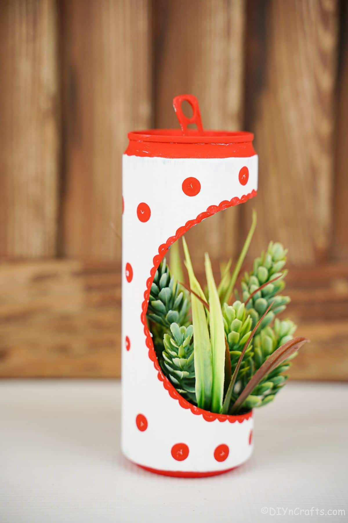 white soda can with red dots as a succulent planter on table with wood background